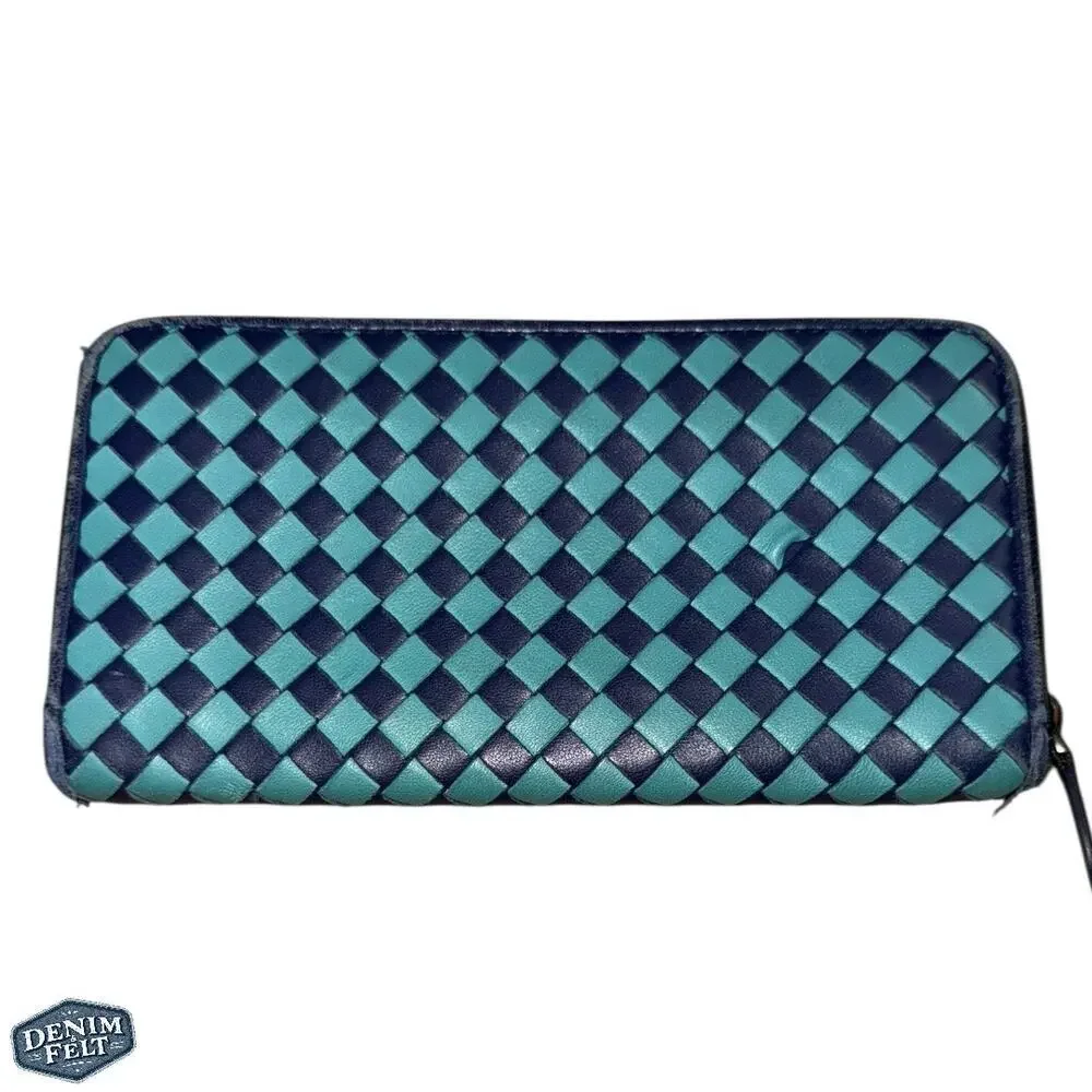 Bottega Veneta Turquoise/Navy Long Zip-Around‎ Leather Continental Wallet 💙RARE